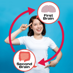 women with picture of gut and brain